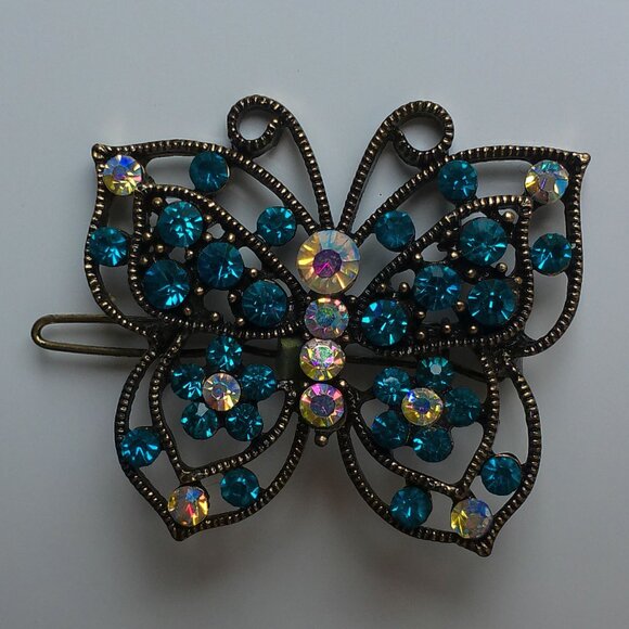Butterfly Hair Clip, Gold color, blue rhinestone, shiny crystals - Picture 1 of 8